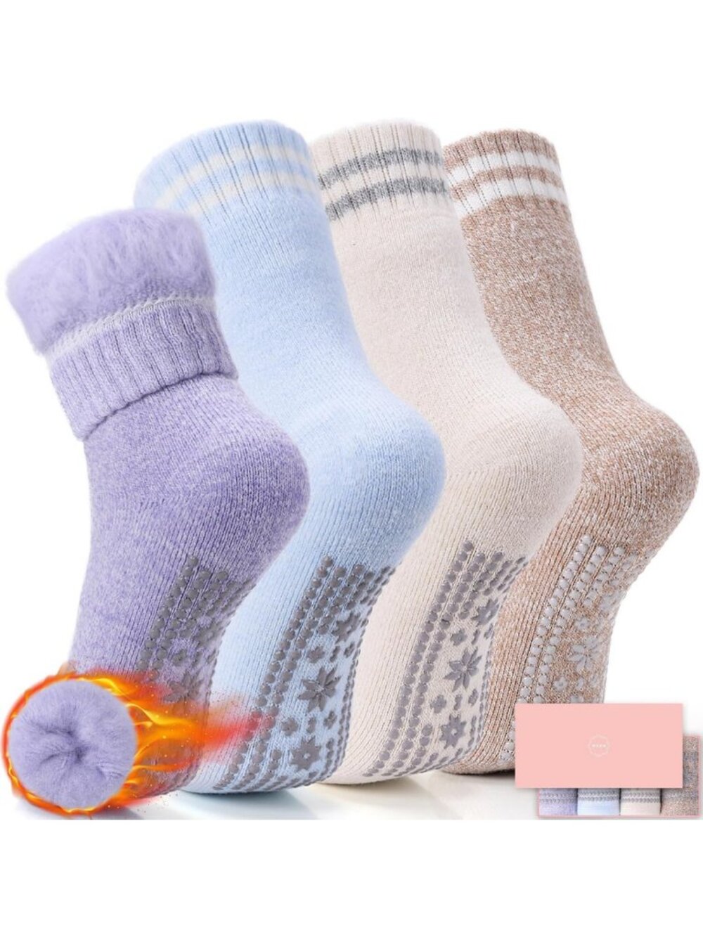 Cozy Non-Slip Thermal Slipper Socks for Women - Soft Hospital Socks, 4 Pairs